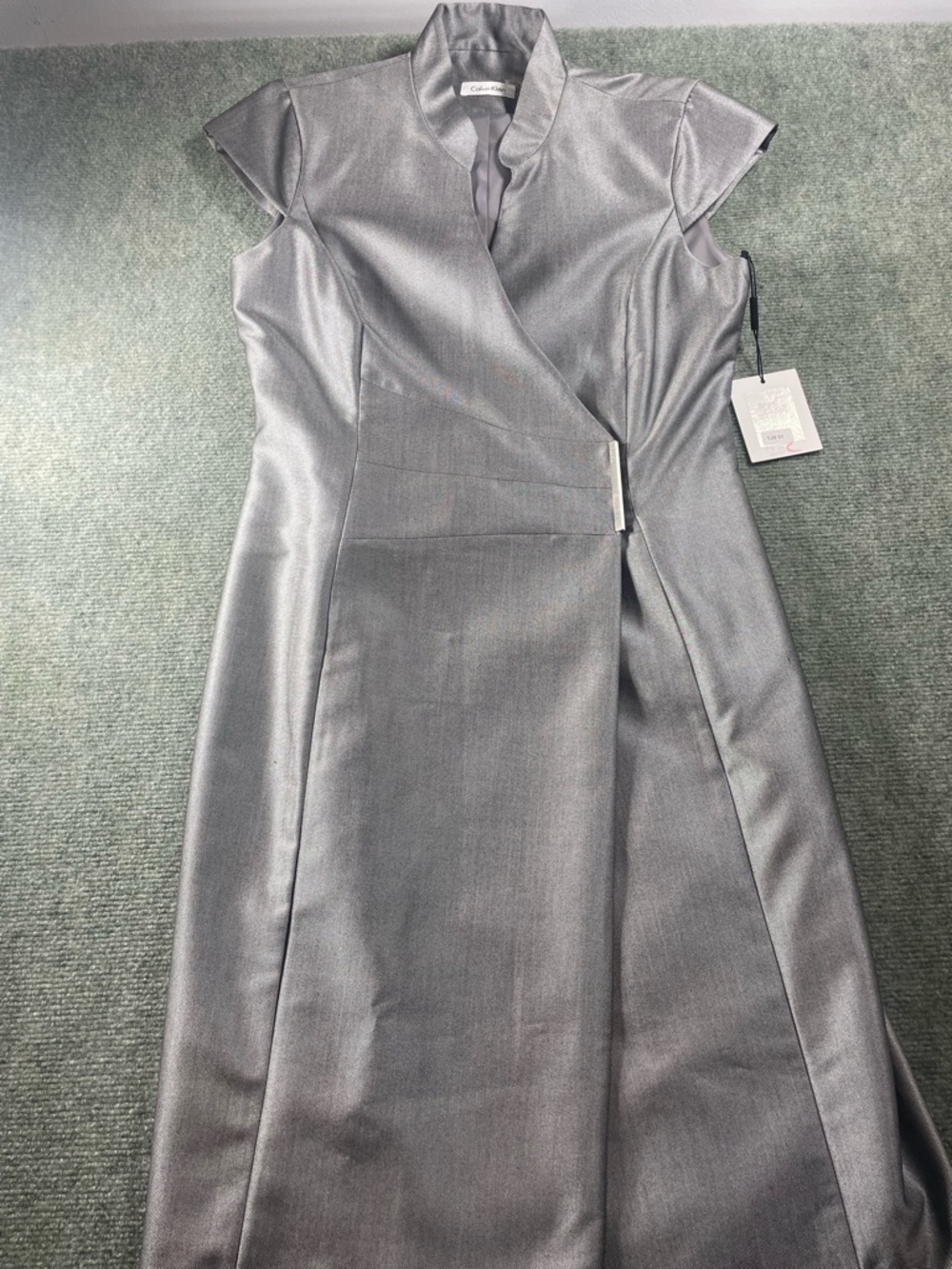 Calvin Klein Metallic Gray Wrap-Front Midi Dress